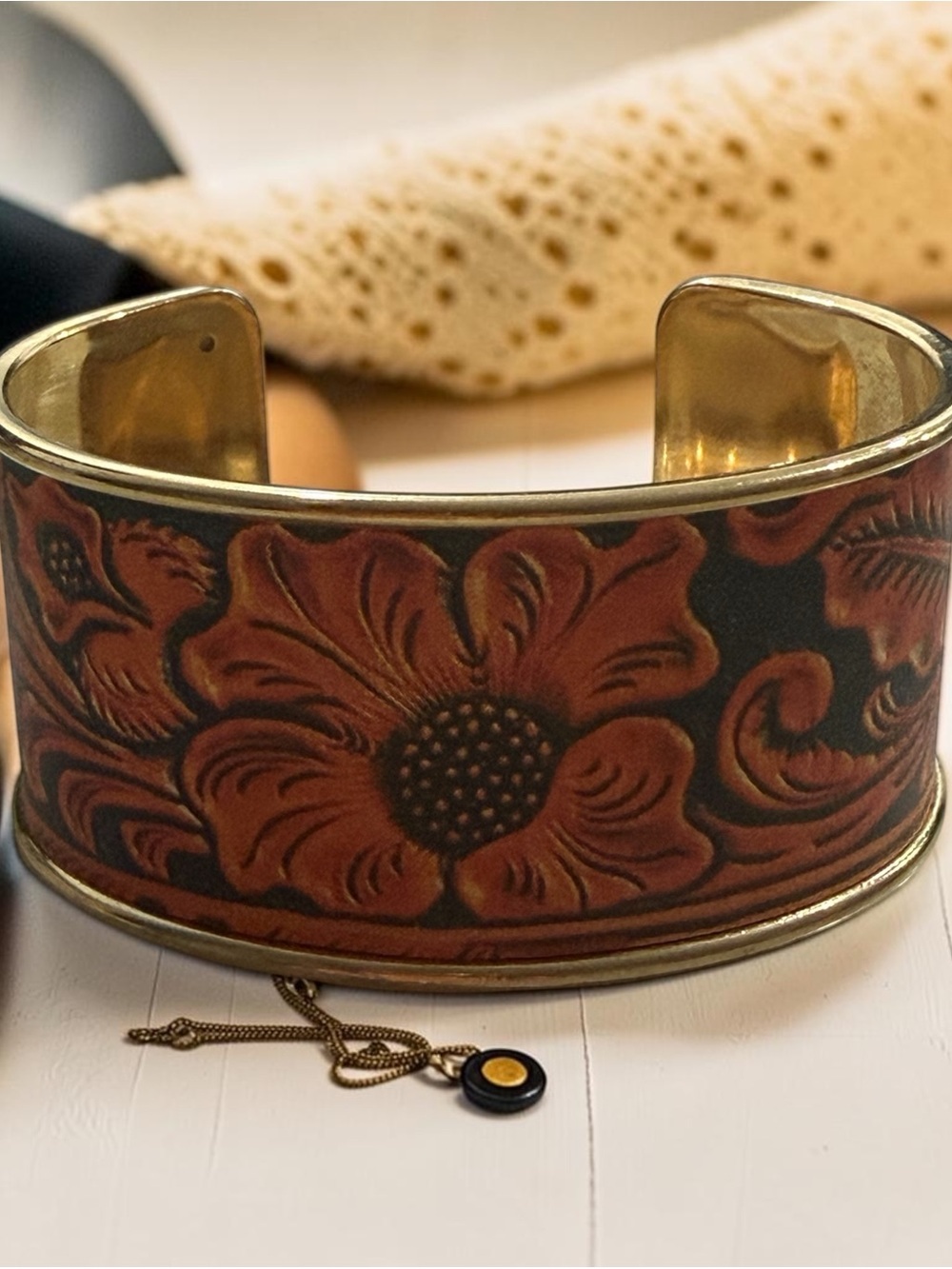 Floral Cuff Bracelet - Burnt Orange & Black